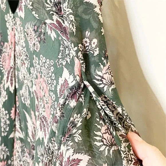 Anthropologie Let Me Be Green Pink Floral V Neck Ruffle Hem Swing Mini Dress S - Picture 5 of 12